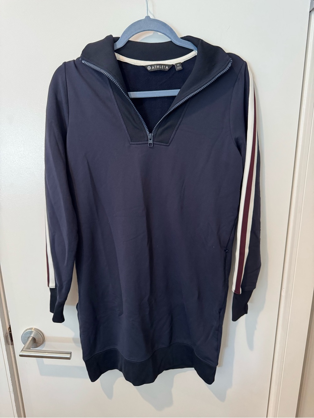 Athleta Navy Quarter-Zip Dress with Striped Sleeves Size Extra Small